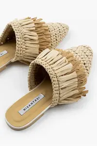 Nisantasi Shoes VIANA Beige Knitting Beige Tan Tassel Detailed Women Slippers - Image 7