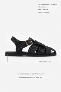 Nisantasi Shoes Ramona Black Wicker Knitting Arka Belt Detailed Flat Sole Women Sandals - Image 2