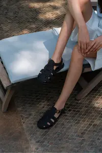 Nisantasi Shoes Ramona Black Wicker Knitting Arka Belt Detailed Flat Sole Women Sandals - Image 3