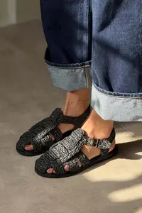 Nisantasi Shoes Ramona Black Wicker Knitting Arka Belt Detailed Flat Sole Women Sandals - Image 5