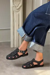 Nisantasi Shoes Ramona Black Wicker Knitting Arka Belt Detailed Flat Sole Women Sandals - Image 7