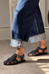 Nisantasi Shoes Ramona Black Wicker Knitting Arka Belt Detailed Flat Sole Women Sandals - Image 8