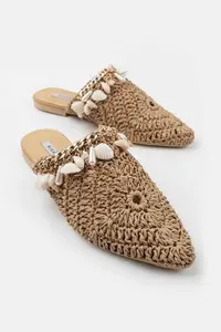 Nisantasi Shoes LISA Tan Knitting Shell Detailed Women Slippers - Image 2