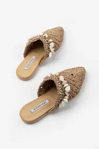 Nisantasi Shoes LISA Tan Knitting Shell Detailed Women Slippers - Image 4