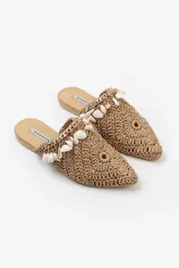Nisantasi Shoes LISA Tan Knitting Shell Detailed Women Slippers - Image 6