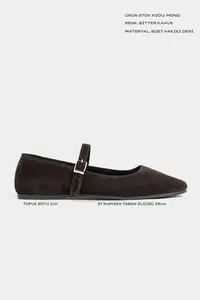 Nisantasi Shoes Mono DARK COFFEE GENUINE Leather Hair Clip Detailed Flat Sole Women Flats - Image 2