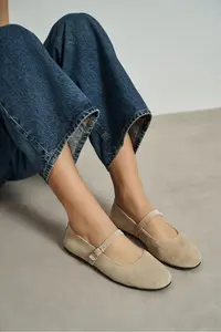 Nisantasi Shoes Mono Beige GENUINE Leather Hair Clip Detailed Flat Sole Women Flats