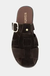 Nisantasi Shoes Lenox BITTER BROWN GENUINE SUEDE Belt Detailed Flat Sole Women Slippers - Image 3