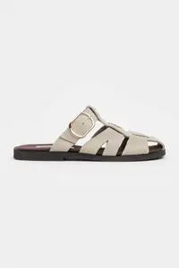 Nisantasi Shoes Lenox BEIGE GENUINE SUEDE Belt Detailed Flat Sole Women Slippers