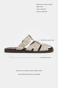 Nisantasi Shoes Lenox BEIGE GENUINE SUEDE Belt Detailed Flat Sole Women Slippers - Image 3