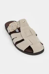 Nisantasi Shoes Lenox BEIGE GENUINE SUEDE Belt Detailed Flat Sole Women Slippers - Image 6