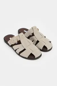 Nisantasi Shoes Lenox BEIGE GENUINE SUEDE Belt Detailed Flat Sole Women Slippers - Image 8