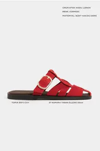 Nisantasi Shoes Lenox Red GENUINE SUEDE Belt Detailed Flat Sole Women Slippers - Image 2