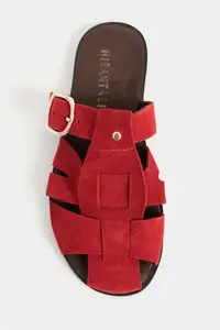 Nisantasi Shoes Lenox Red GENUINE SUEDE Belt Detailed Flat Sole Women Slippers - Image 3