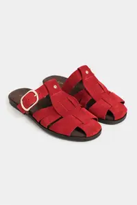 Nisantasi Shoes Lenox Red GENUINE SUEDE Belt Detailed Flat Sole Women Slippers - Image 5