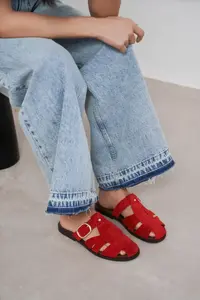 Nisantasi Shoes Lenox Red GENUINE SUEDE Belt Detailed Flat Sole Women Slippers - Image 6