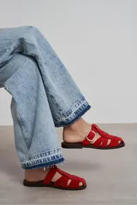 Nisantasi Shoes Lenox Red GENUINE SUEDE Belt Detailed Flat Sole Women Slippers - Image 7