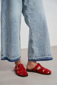 Nisantasi Shoes Lenox Red GENUINE SUEDE Belt Detailed Flat Sole Women Slippers - Image 8