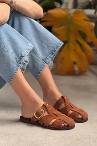 Nisantasi Shoes Lenox TABANE GENUINE SUEDE Belt Detailed Flat Sole Women Slippers - Image 3