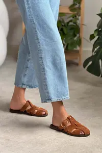 Nisantasi Shoes Lenox TABANE GENUINE SUEDE Belt Detailed Flat Sole Women Slippers - Image 5