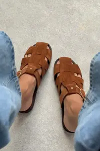 Nisantasi Shoes Lenox TABANE GENUINE SUEDE Belt Detailed Flat Sole Women Slippers - Image 6