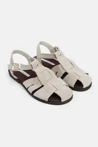 Nisantasi Shoes BIRD Beige Suede GENUINE Leather Hair Clip Detailed Flat Sole Women Sandals - Image 3