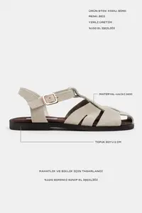 Nisantasi Shoes BIRD Beige Suede GENUINE Leather Hair Clip Detailed Flat Sole Women Sandals - Image 4