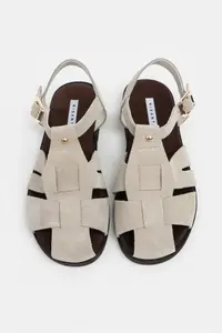 Nisantasi Shoes BIRD Beige Suede GENUINE Leather Hair Clip Detailed Flat Sole Women Sandals - Image 6