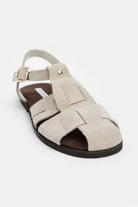 Nisantasi Shoes BIRD Beige Suede GENUINE Leather Hair Clip Detailed Flat Sole Women Sandals - Image 7
