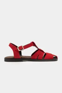 Nisantasi Shoes BIRD Red SUEDE GENUINE Leather Hair Clip Detailed Flat Sole Women Sandals
