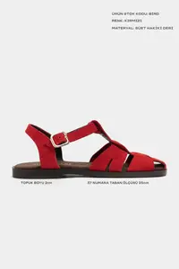 Nisantasi Shoes BIRD Red SUEDE GENUINE Leather Hair Clip Detailed Flat Sole Women Sandals - Image 2