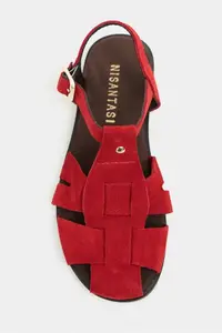 Nisantasi Shoes BIRD Red SUEDE GENUINE Leather Hair Clip Detailed Flat Sole Women Sandals - Image 3