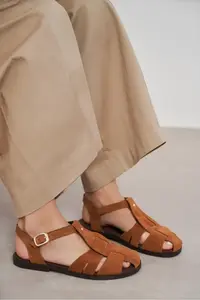 Nisantasi Shoes BIRD Tan Suede GENUINE Leather Hair Clip Detailed Flat Sole Women Sandals - Image 2