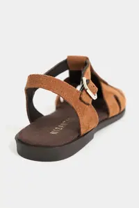 Nisantasi Shoes BIRD Tan Suede GENUINE Leather Hair Clip Detailed Flat Sole Women Sandals - Image 5