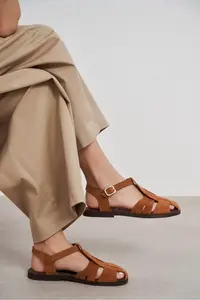 Nisantasi Shoes BIRD Tan Suede GENUINE Leather Hair Clip Detailed Flat Sole Women Sandals - Image 7