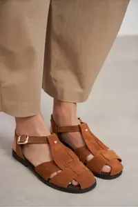 Nisantasi Shoes BIRD Tan Suede GENUINE Leather Hair Clip Detailed Flat Sole Women Sandals - Image 8