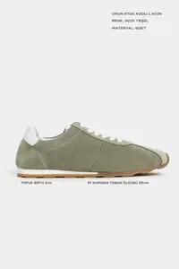 Nisantasi Shoes Ladin LIGHT Green SUEDE Leather Flat Sole Laced Women Sneakers - Image 2