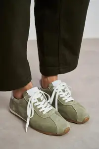 Nisantasi Shoes Ladin LIGHT Green SUEDE Leather Flat Sole Laced Women Sneakers - Image 8