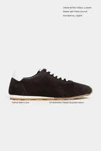 Nisantasi Shoes Ladin DARK Brown Suede Leather Flat Sole Laced Women Sneakers - Image 2
