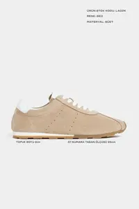 Nisantasi Shoes Ladin Beige Suede Leather Flat Sole Laced Women Sneakers - Image 2