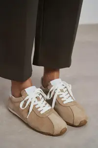 Nisantasi Shoes Ladin Beige Suede Leather Flat Sole Laced Women Sneakers - Image 8