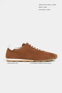 Nisantasi Shoes Ladin Tan Suede Leather Flat Sole Laced Women Sneakers - Image 2