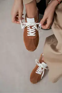 Nisantasi Shoes Ladin Tan Suede Leather Flat Sole Laced Women Sneakers - Image 6