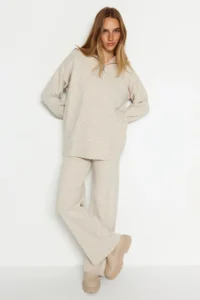 TRENDYOLMİLLA Stone Wide Pattern Zippered Knitwear Top and Bottom Set - Image 2