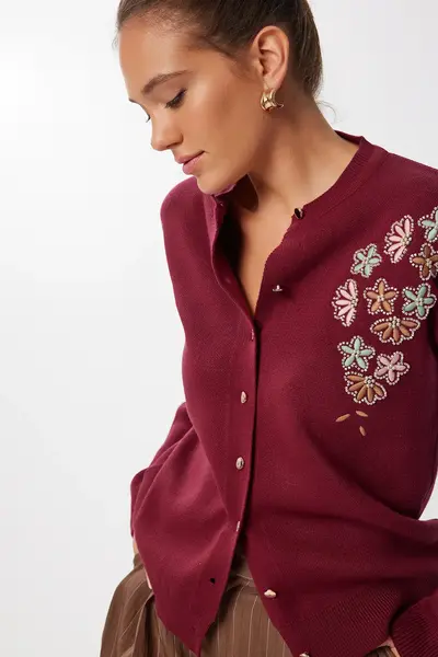 Happiness İstanbul Women's Burgundy Embroidered Beaded Knitwear Cardigan