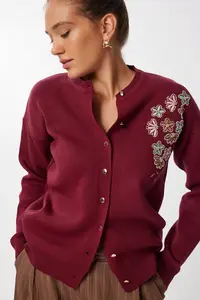Happiness İstanbul Women's Burgundy Embroidered Beaded Knitwear Cardigan - Image 2