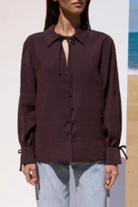 TRENDYOLMİLLA Sustainable Dark Brown Boho Modal Binding Detailed Oversized Modal Shirt - Image 3