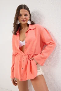 TRENDYOLMİLLA Coral Weaving Arched 100% Linen Maxi Beach Shirt