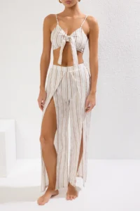 TRENDYOLMiLLA Beige Striped Weaving slit Beach High Waist Blouse-Pants Set - Image 4