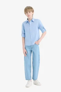 DeFacto Polo Neck Linen Look Long Sleeve Shirt for Boys - Image 2